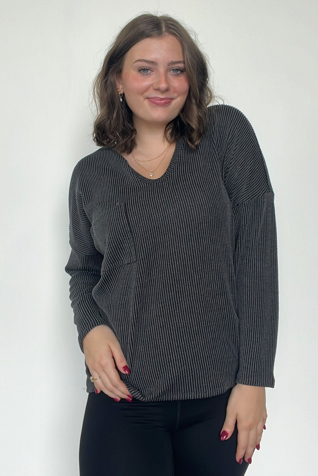 Casual Chic Rib Knit Patch Pocket V-Neck Top - FINAL SALE - Madison and Mallory