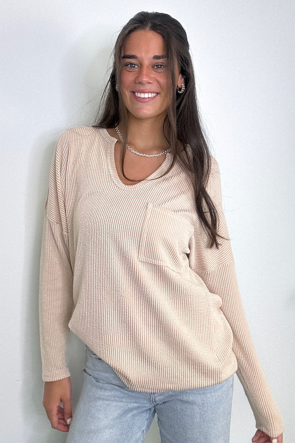 Casual Chic Rib Knit Patch Pocket V-Neck Top - FINAL SALE - Madison and Mallory