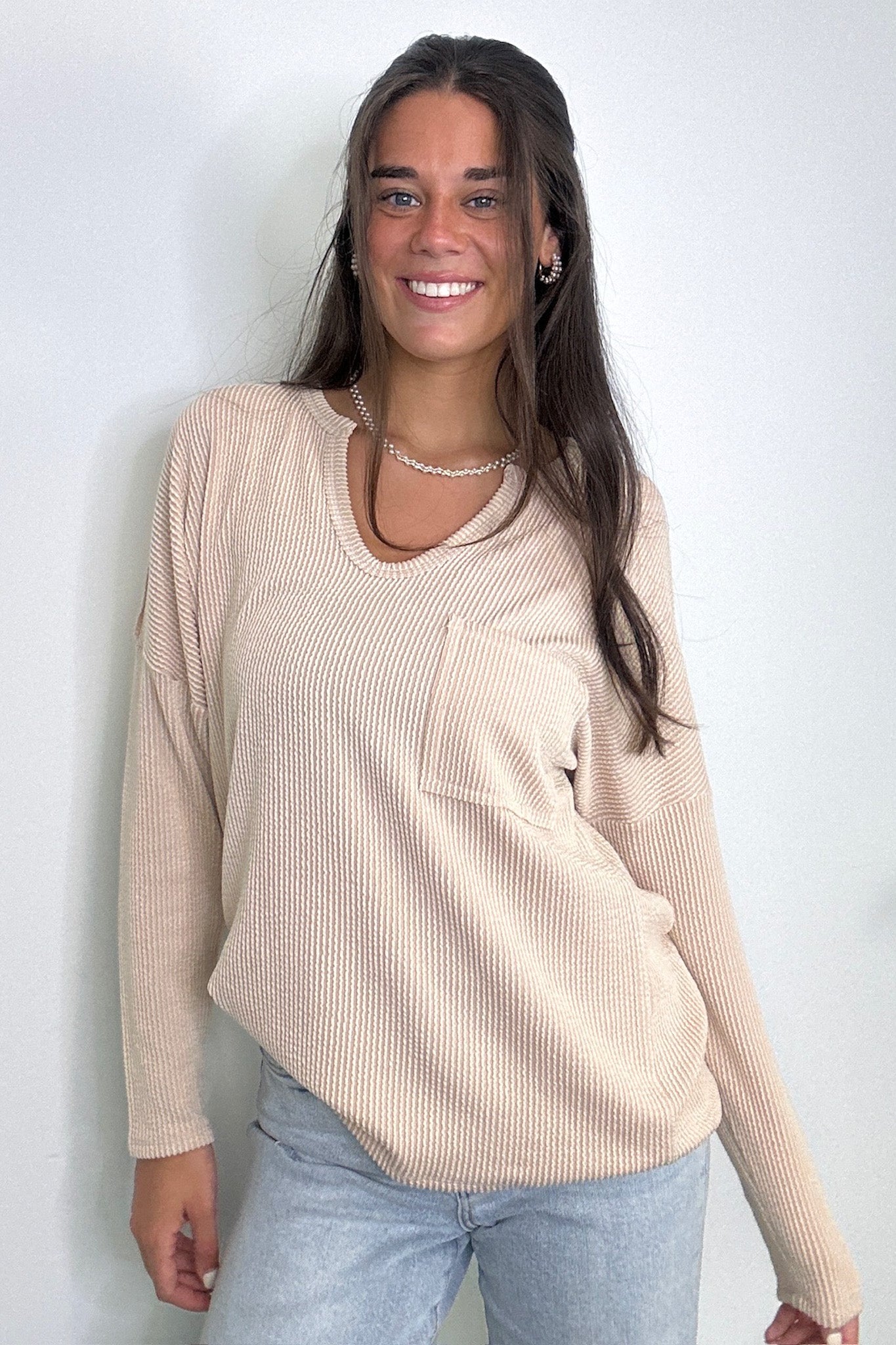  Casual Chic Rib Knit Patch Pocket V-Neck Top - Madison and Mallory