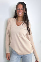 Casual Chic Rib Knit Patch Pocket V-Neck Top - FINAL SALE - Madison and Mallory