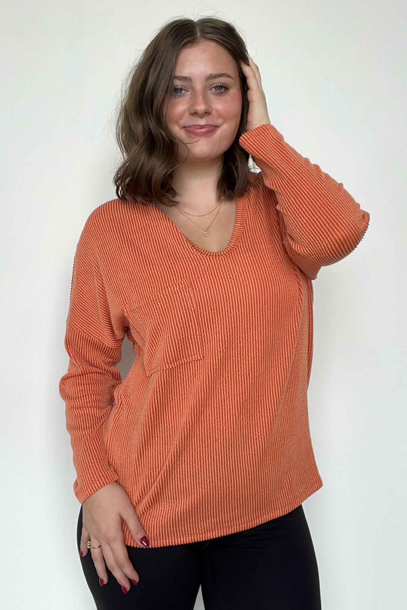  Casual Chic Rib Knit Patch Pocket V-Neck Top - Madison and Mallory