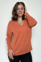 Casual Chic Rib Knit Patch Pocket V-Neck Top - FINAL SALE - Madison and Mallory