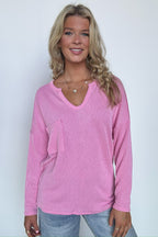 Pink / S Casual Chic Rib Knit Patch Pocket V-Neck Top - FINAL SALE - Madison and Mallory