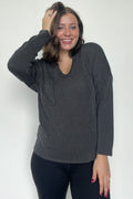 Black Charcoal / S Casual Chic Rib Knit Patch Pocket V-Neck Top - FINAL SALE - Madison and Mallory