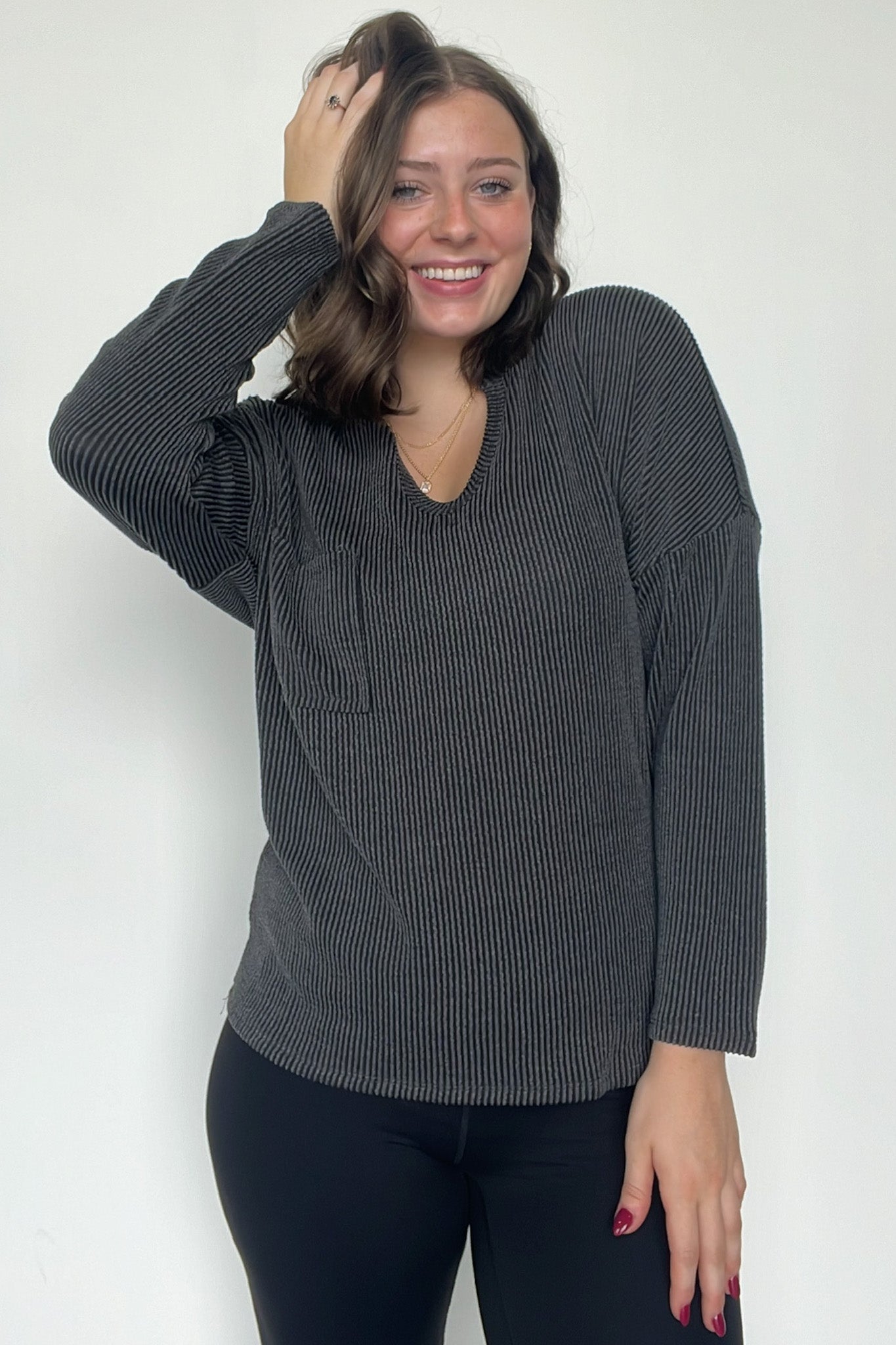 Black Charcoal / S Casual Chic Rib Knit Patch Pocket V-Neck Top - Madison and Mallory