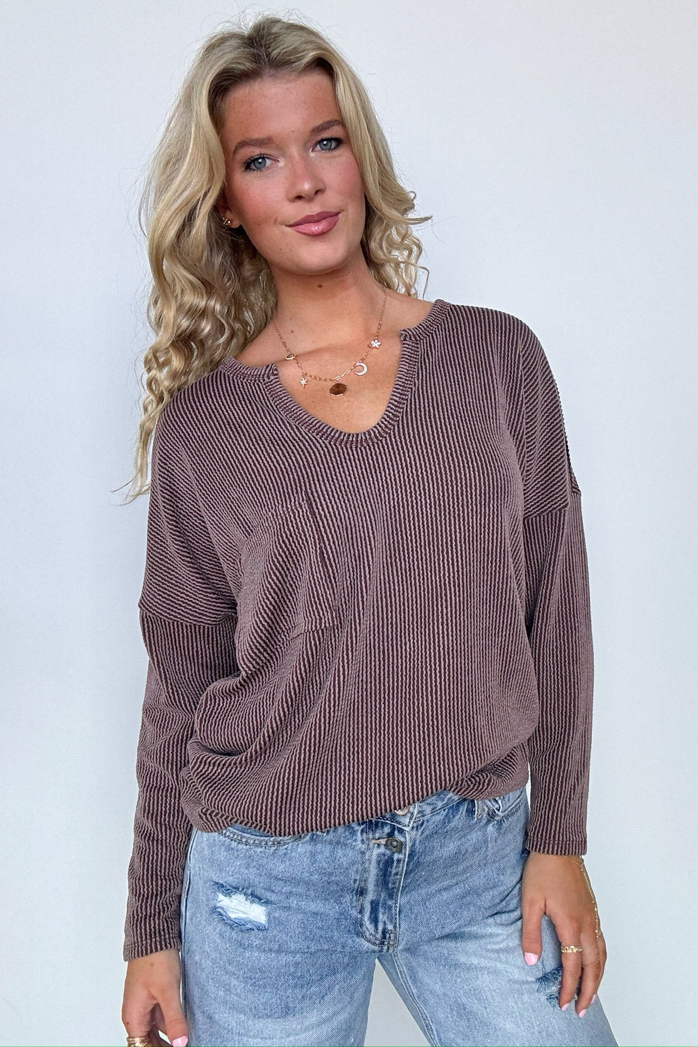 Mocha / S Casual Chic Rib Knit Patch Pocket V-Neck Top - Madison and Mallory