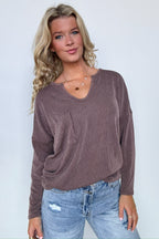 Mocha / S Casual Chic Rib Knit Patch Pocket V-Neck Top - FINAL SALE - Madison and Mallory