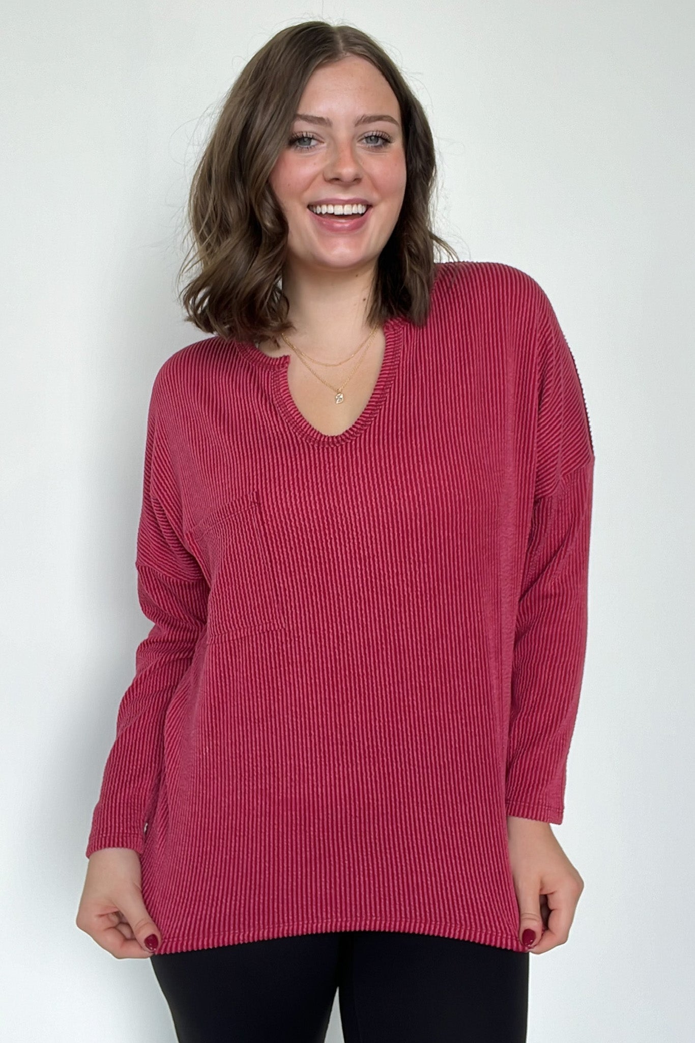 Burgundy / S Casual Chic Rib Knit Patch Pocket V-Neck Top - Madison and Mallory