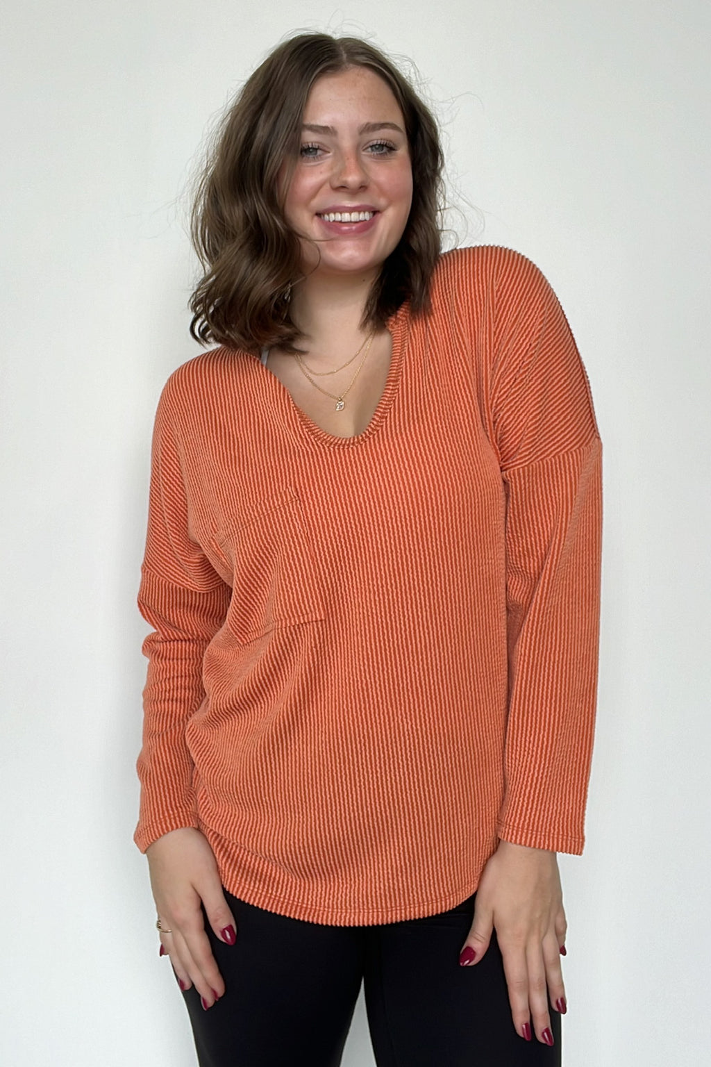 Spice / S Casual Chic Rib Knit Patch Pocket V-Neck Top - FINAL SALE - Madison and Mallory