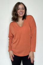Spice / S Casual Chic Rib Knit Patch Pocket V-Neck Top - FINAL SALE - Madison and Mallory