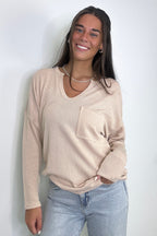 Nude / S Casual Chic Rib Knit Patch Pocket V-Neck Top - FINAL SALE - Madison and Mallory