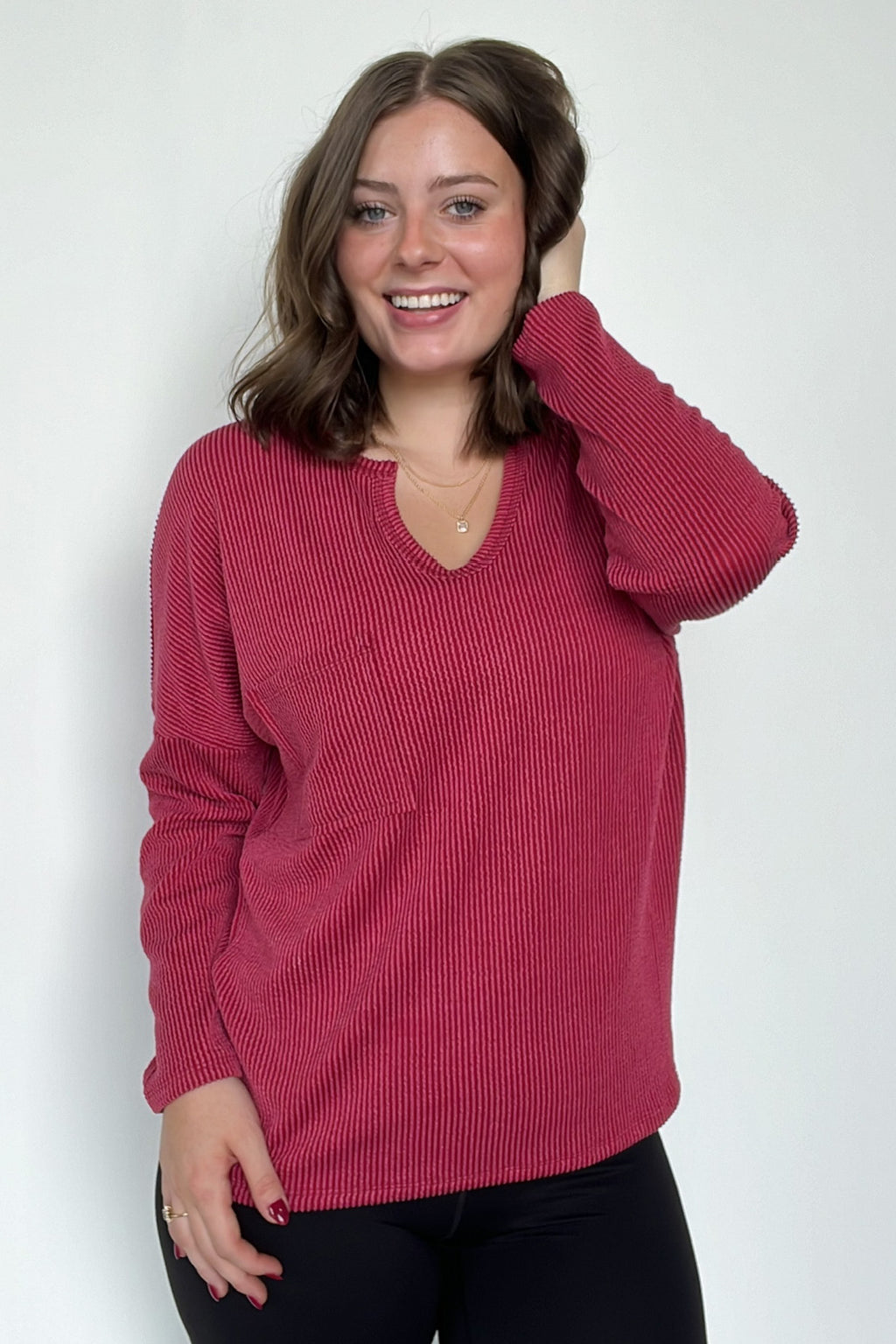 Casual Chic Rib Knit Patch Pocket V-Neck Top - FINAL SALE - Madison and Mallory