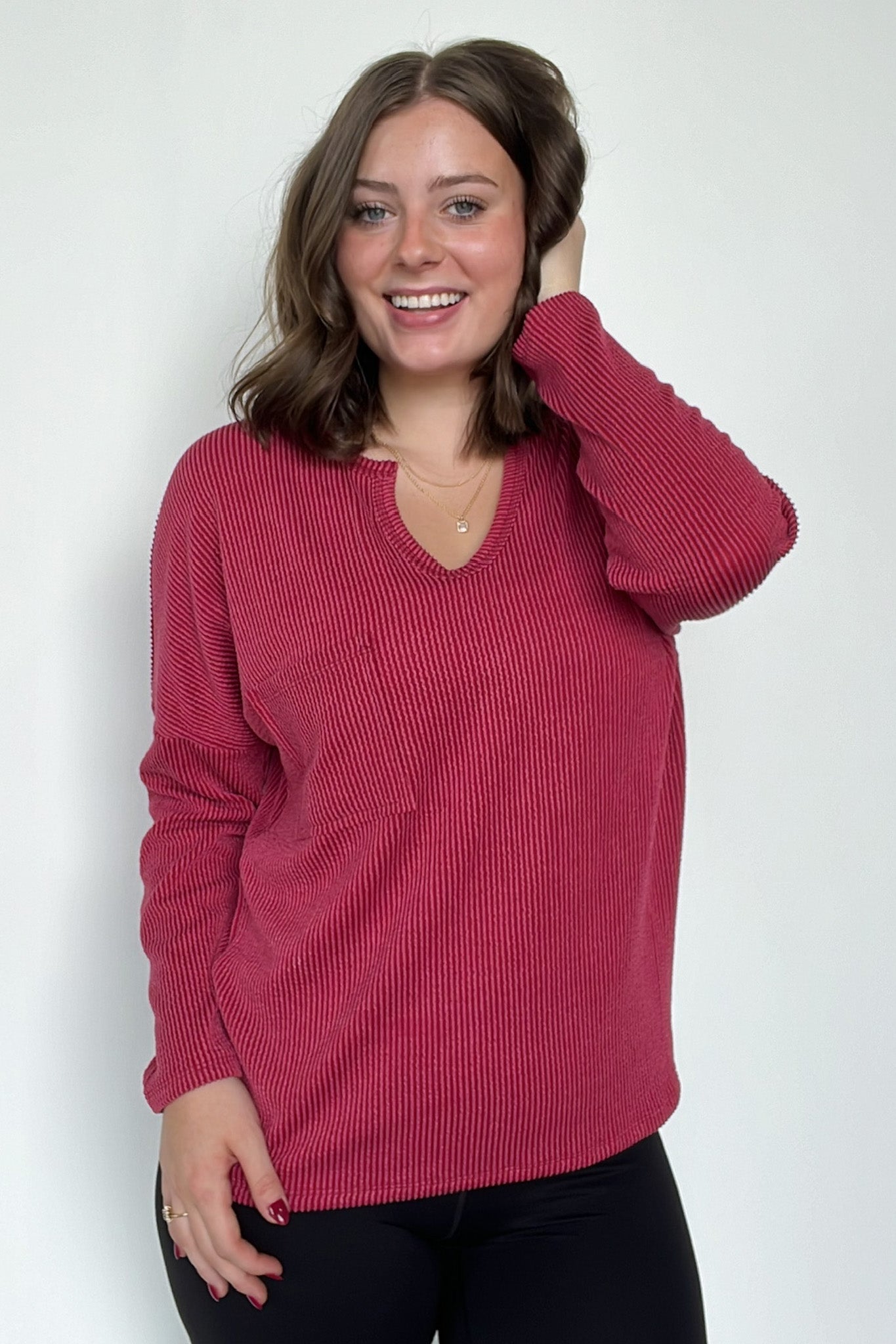  Casual Chic Rib Knit Patch Pocket V-Neck Top - Madison and Mallory