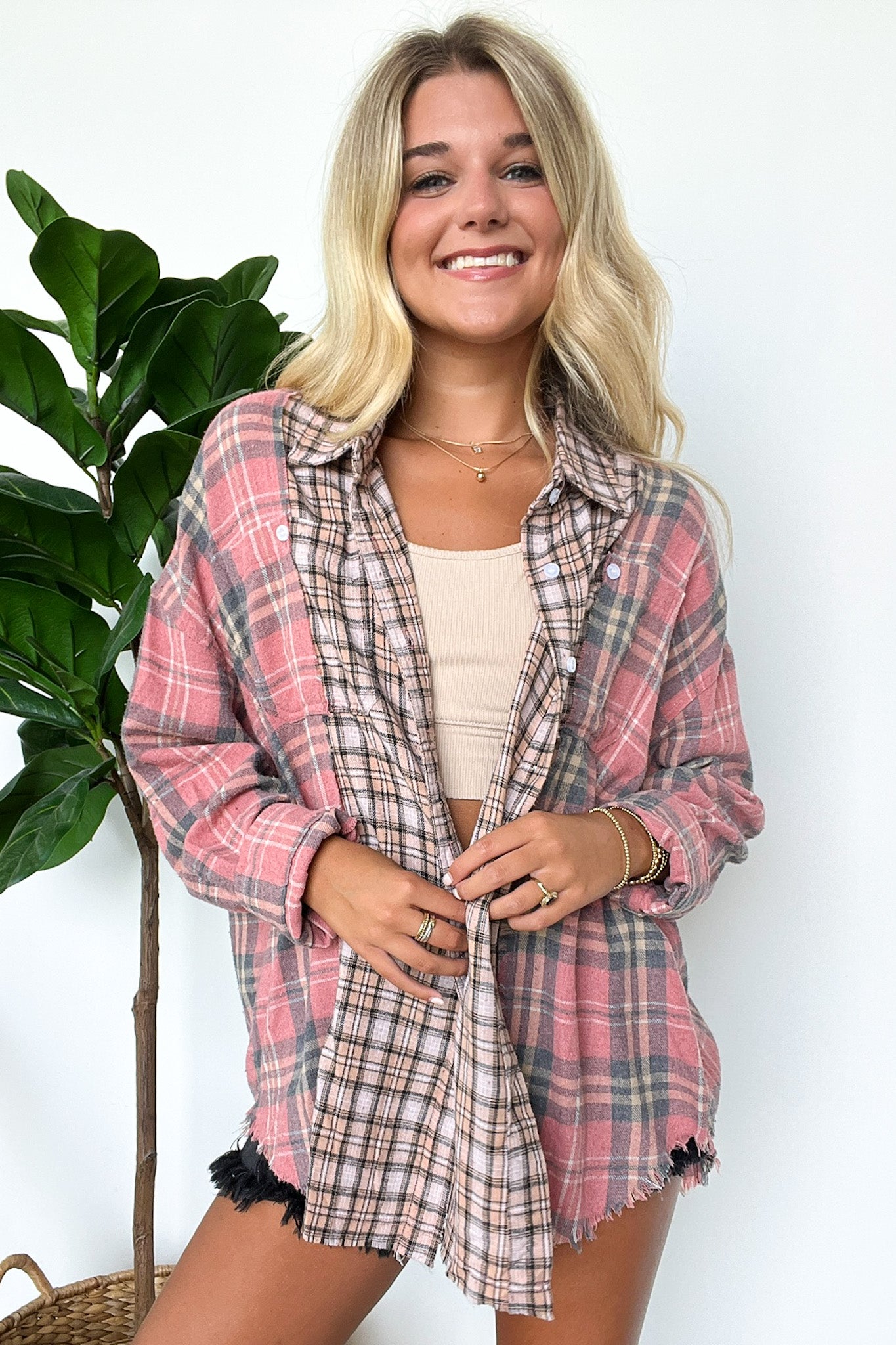 Pink / XSS Casual Composure Color Block Plaid Raw Hem Button Down Top - Madison and Mallory