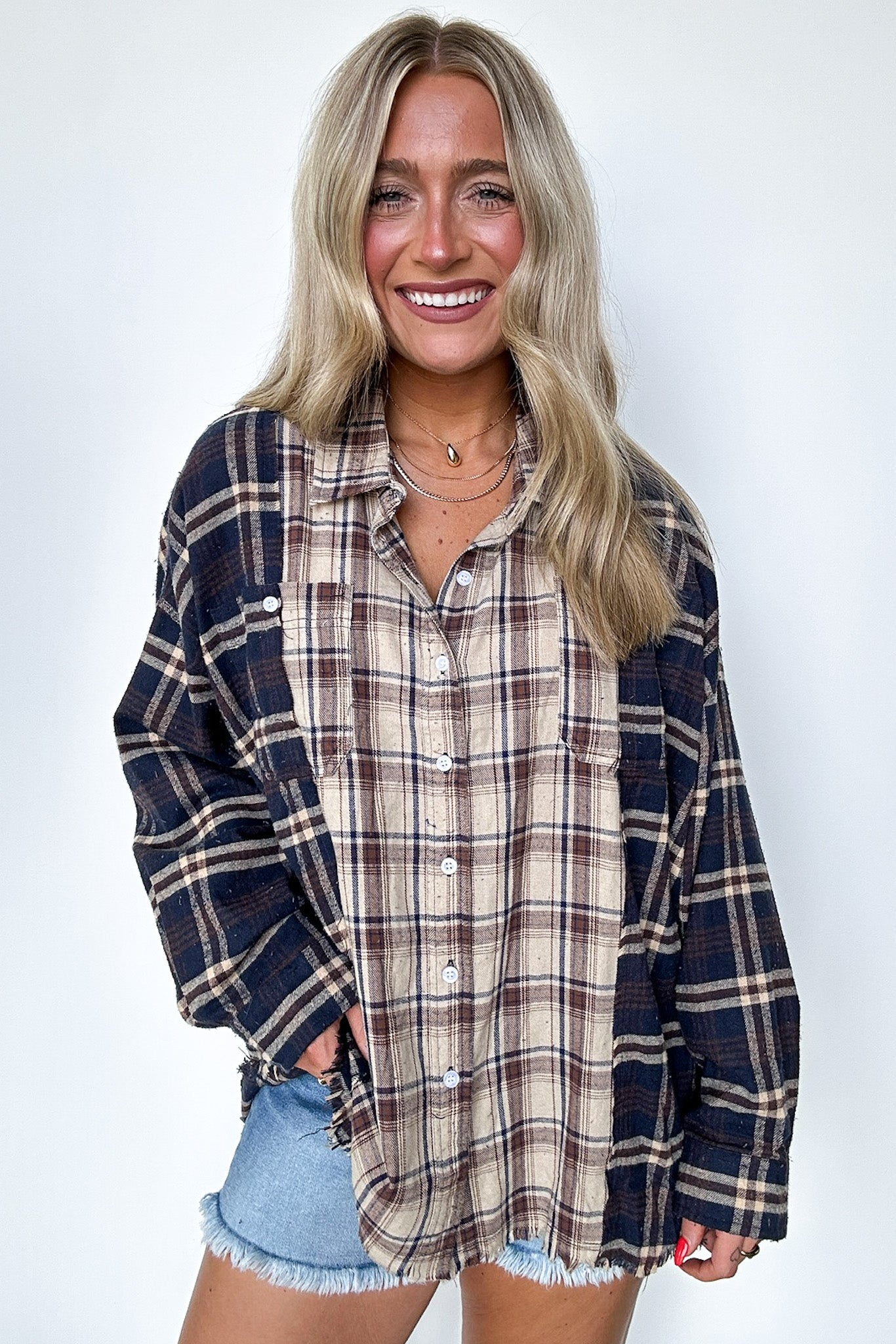  Casual Composure Color Block Plaid Raw Hem Button Down Top - Madison and Mallory