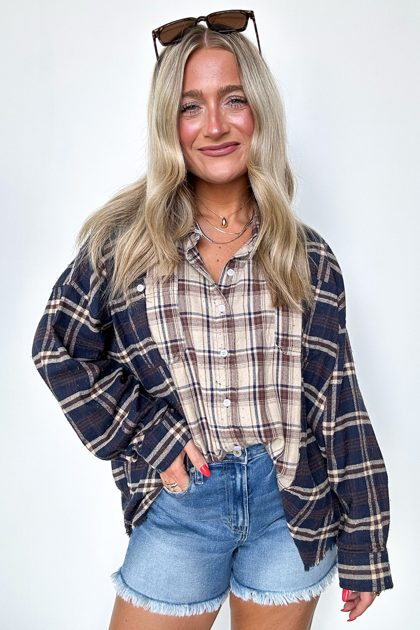  Casual Composure Color Block Plaid Raw Hem Button Down Top - Madison and Mallory