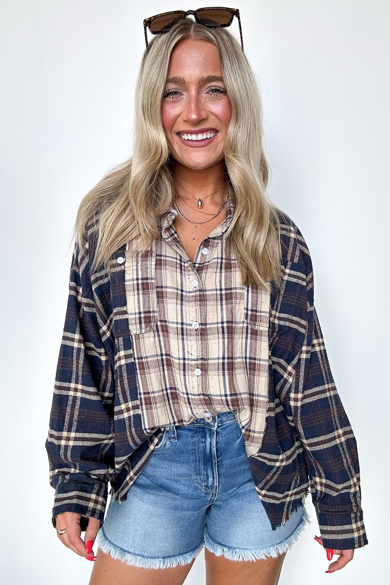  Casual Composure Color Block Plaid Raw Hem Button Down Top - Madison and Mallory