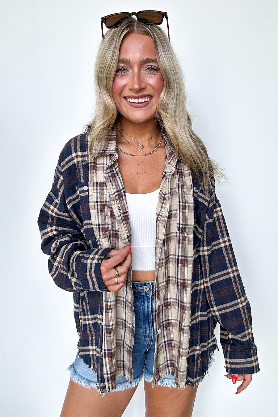 Navy / XSS Casual Composure Color Block Plaid Raw Hem Button Down Top - Madison and Mallory