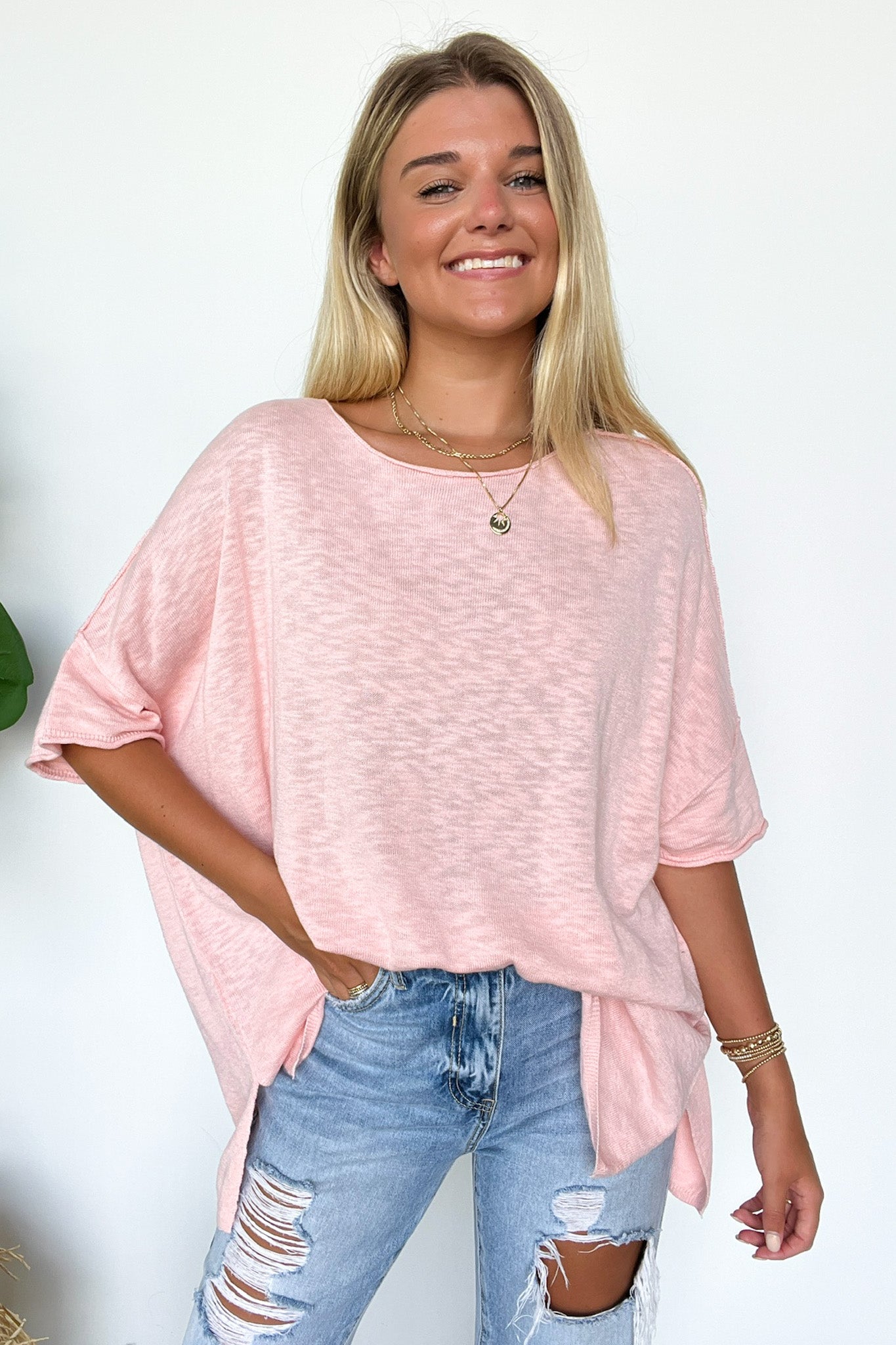 Blush / S Casual Essence Raw Edge Oversized Top - Madison and Mallory