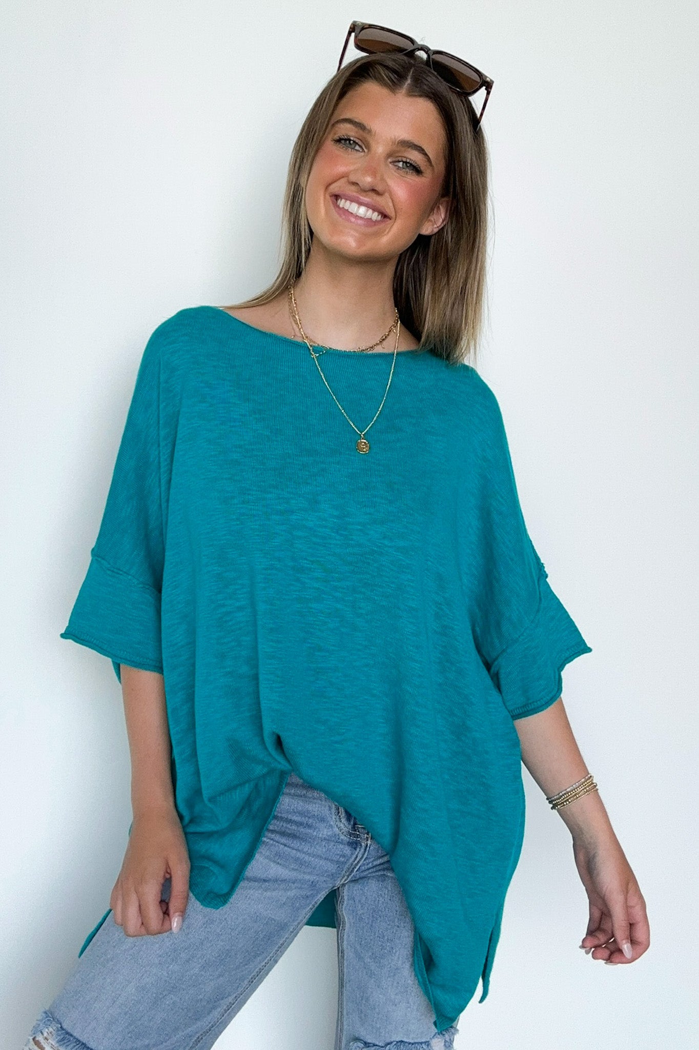 Teal / S Casual Essence Raw Edge Oversized Top - Madison and Mallory