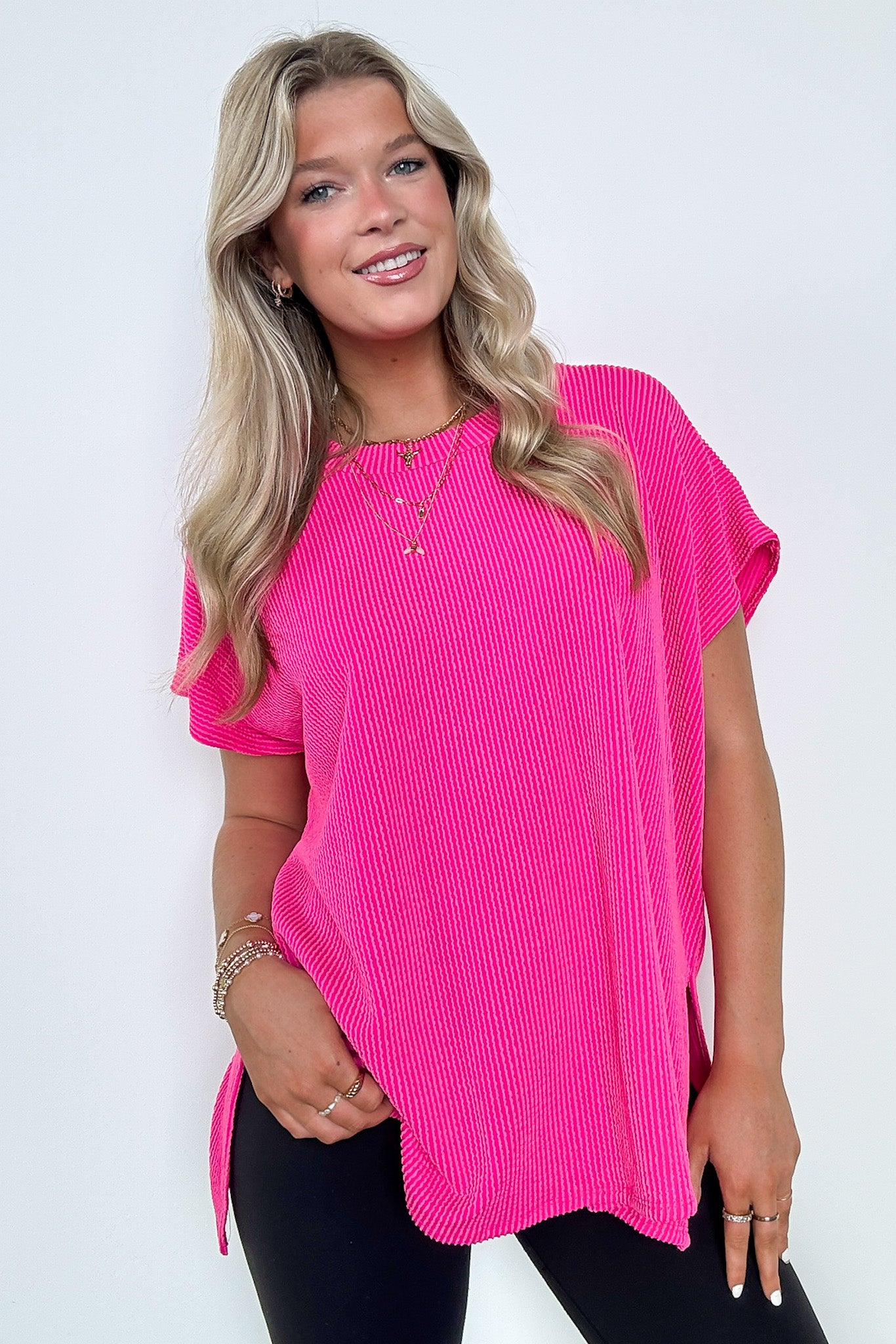 Fuchsia / SM Casual Favorite Short Sleeve Side Slit Tunic Top - BACK IN STOCK - Madison and Mallory