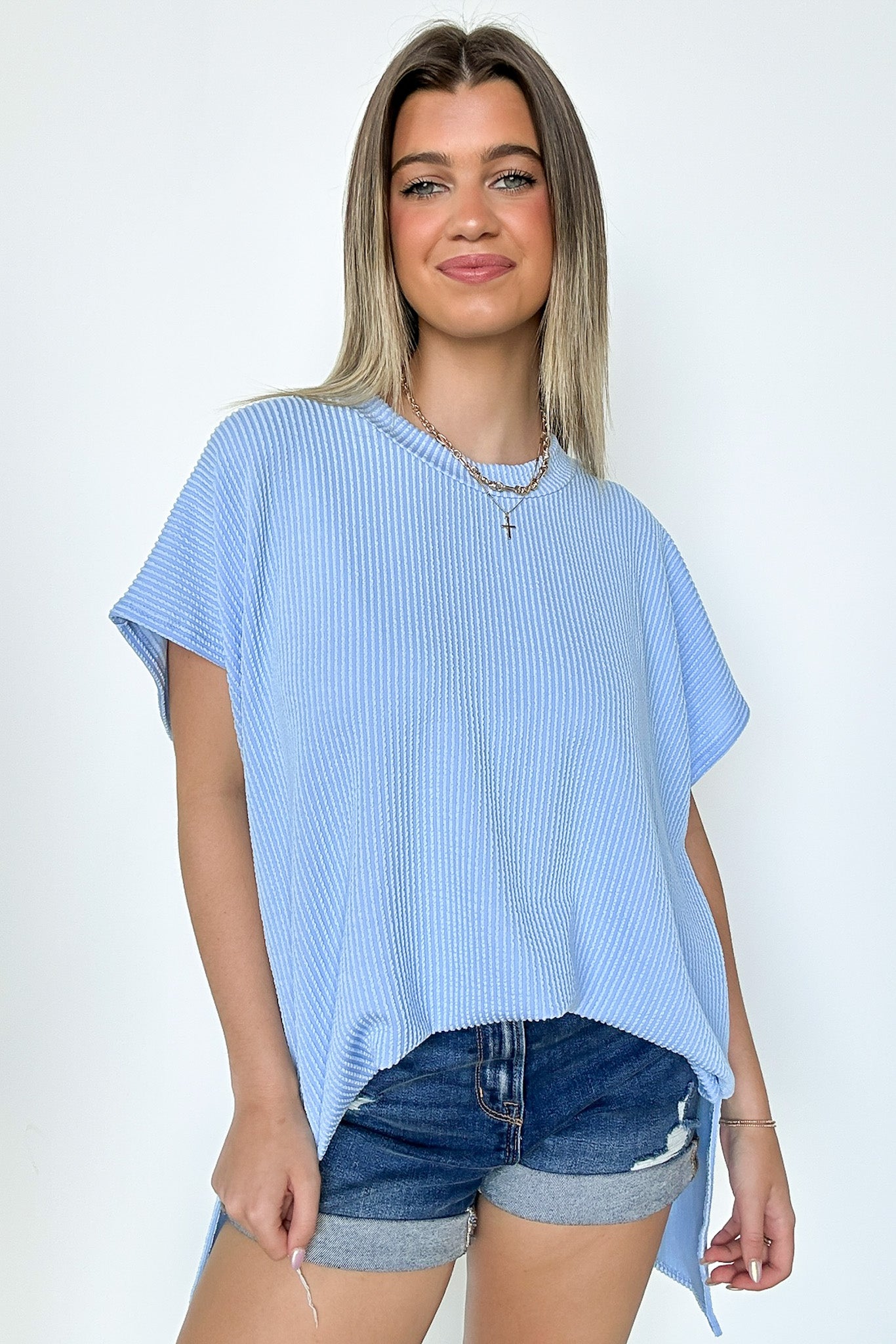 Powder Blue / SM Casual Favorite Short Sleeve Side Slit Tunic Top - BACK IN STOCK - Madison and Mallory