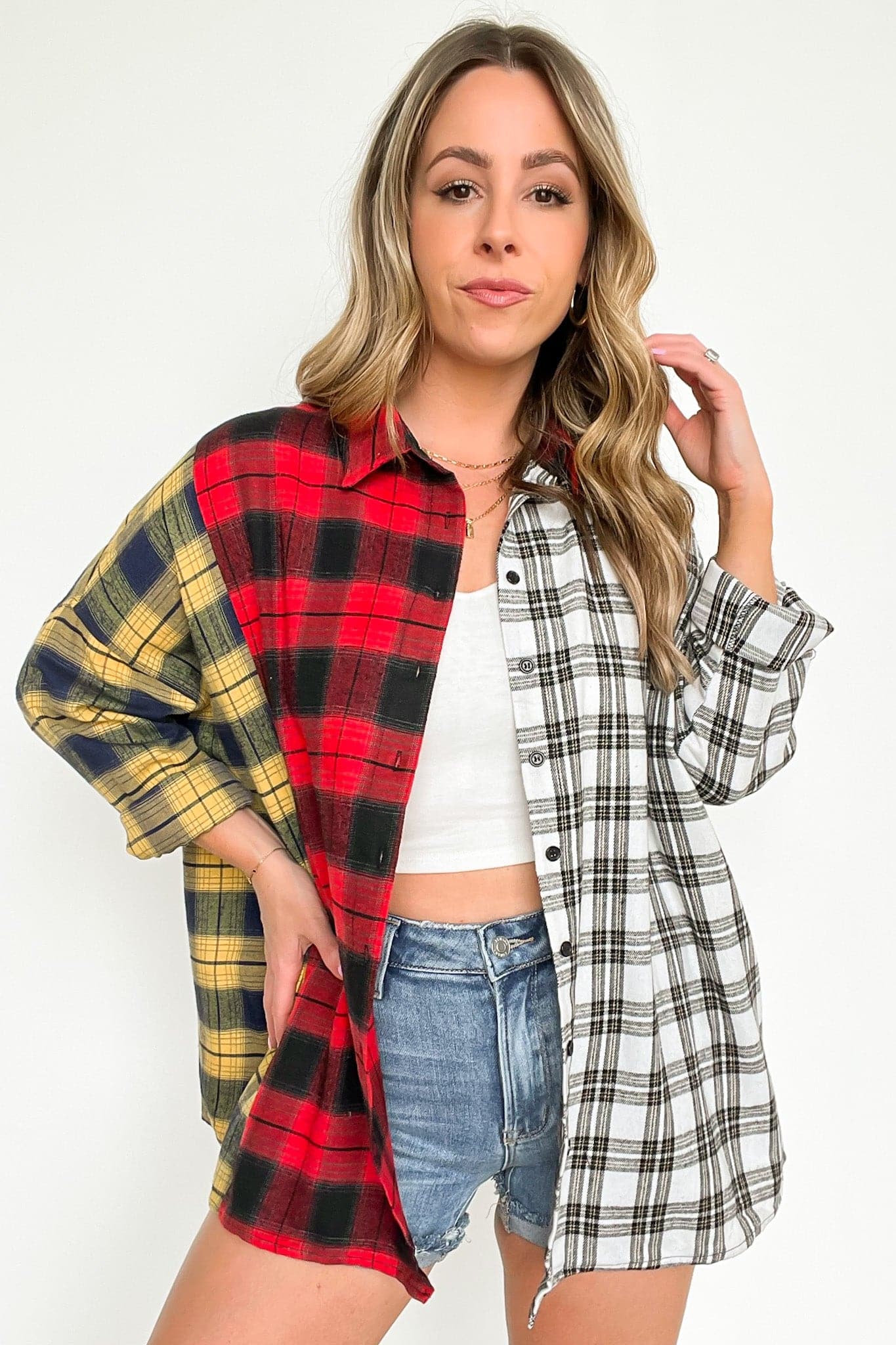  Casual Moves Contrast Plaid Button Down Top - Madison and Mallory