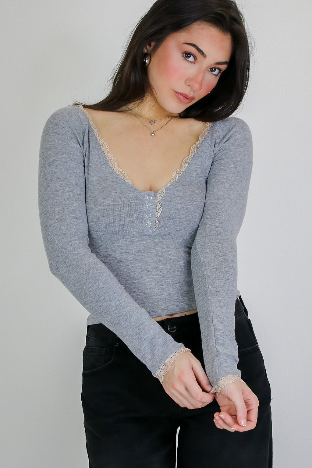 Light Gray / S Casual Charm Lace Detail Raglan Top - Madison and Mallory
