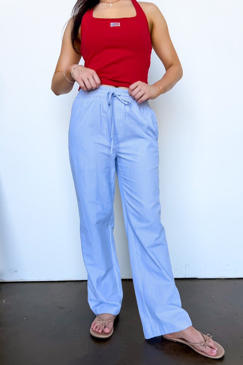 Light Blue / XS Casual Chic Striped Drawstring Pants - Madison and Mallory