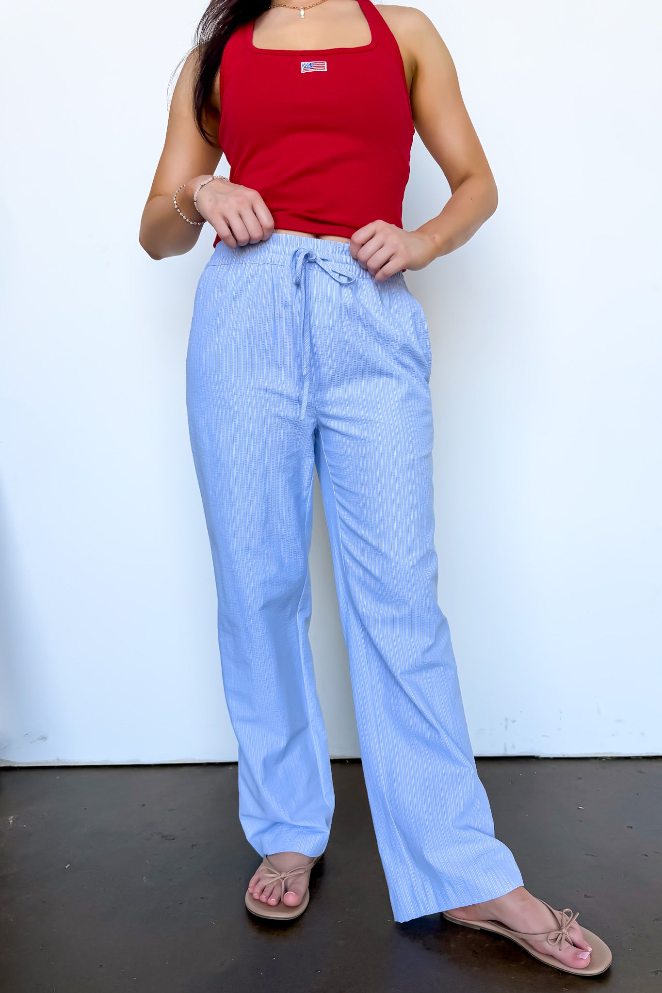 Light Blue / XS Casual Chic Striped Drawstring Pants - Madison and Mallory