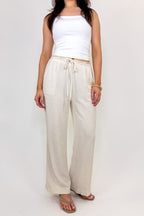 Oatmeal / S Casual Comfort Drawstring Linen Blend Pants - Madison and Mallory