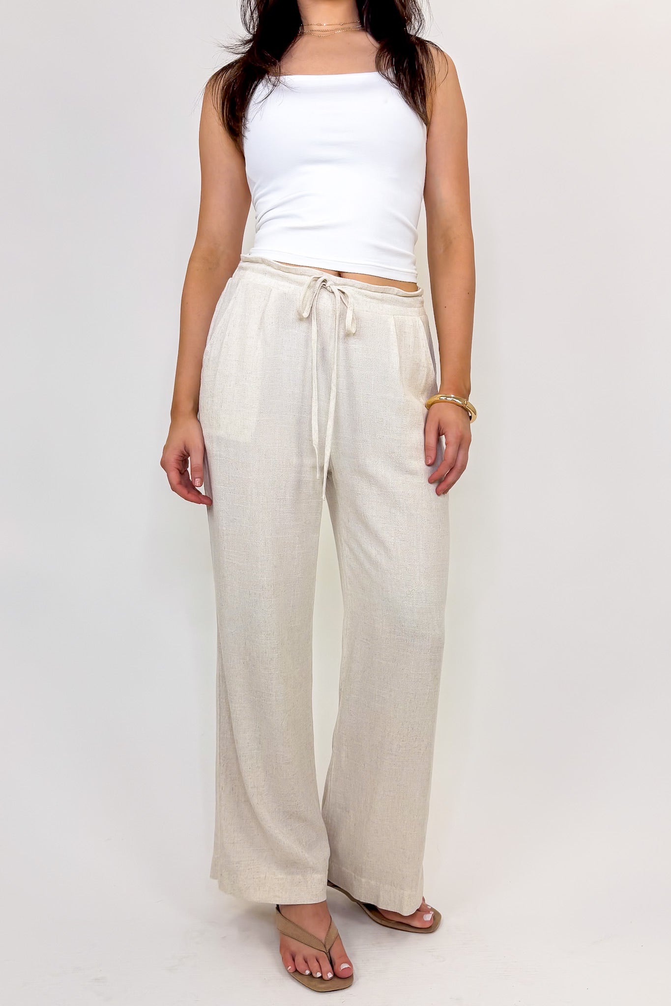 Oatmeal / S Casual Comfort Drawstring Linen Blend Pants - Madison and Mallory
