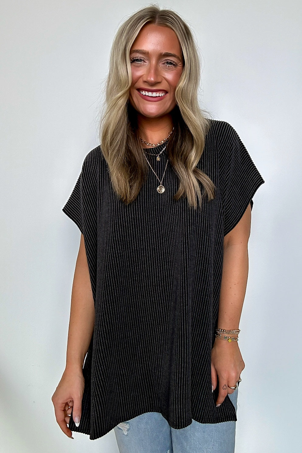 Charcoal / SM Casual Favorite Short Sleeve Side Slit Tunic Top - Madison and Mallory