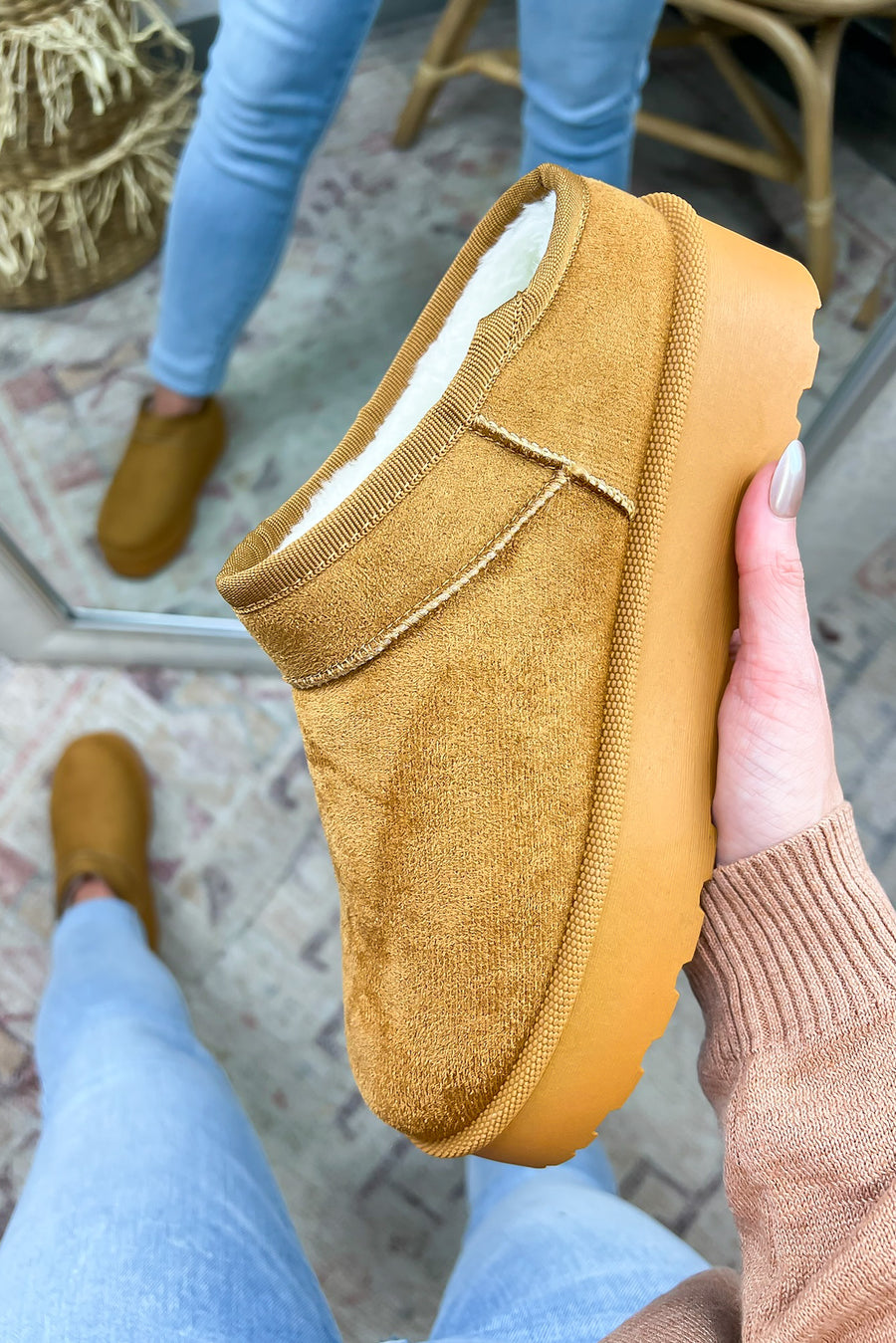 Tan / 5 Casually Cozy Faux Suede Sherpa Slip Ons - Madison and Mallory