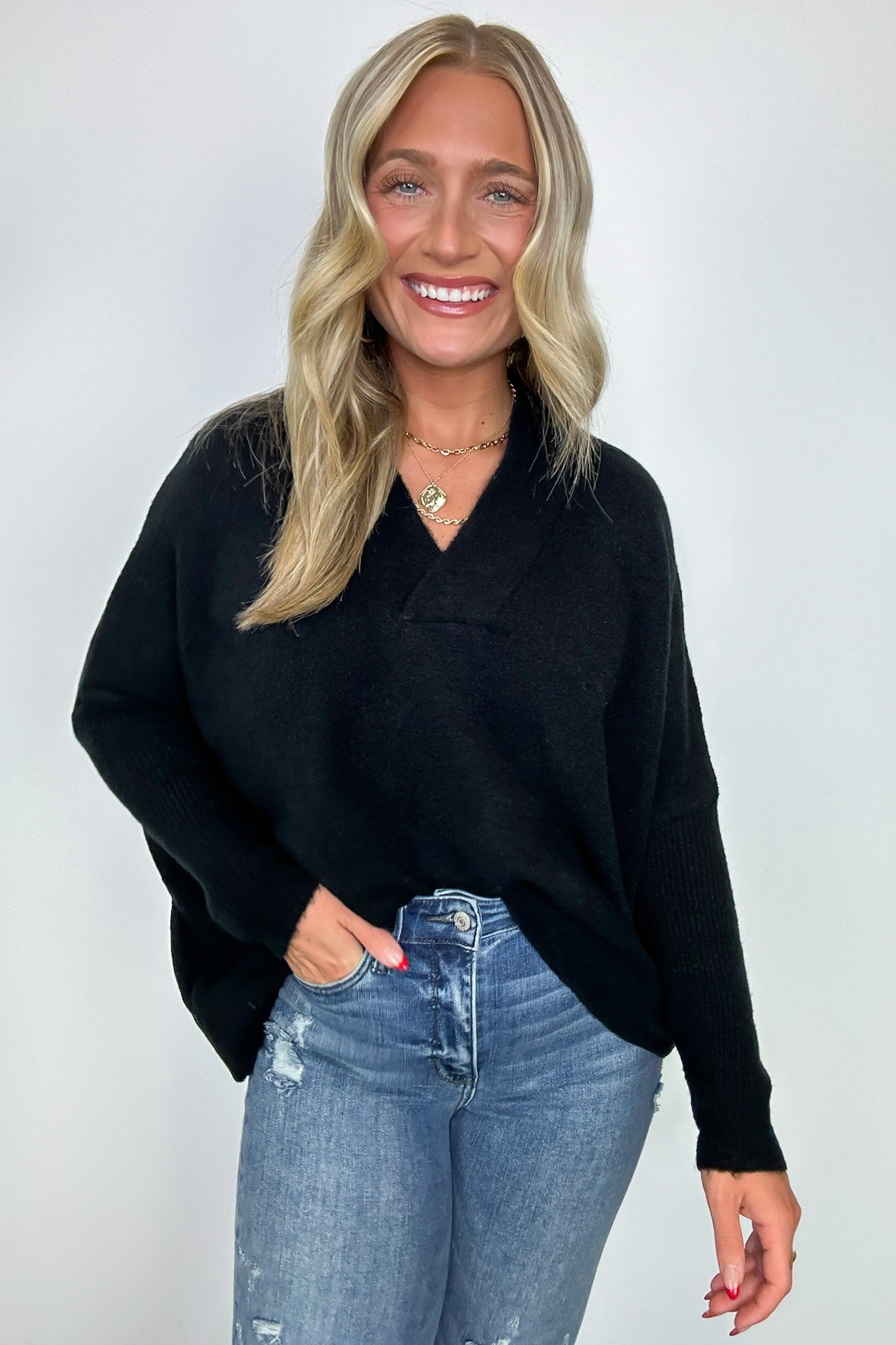 Black / S Cayden Oversized V-Neck Sweater - FINAL SALE - Madison and Mallory