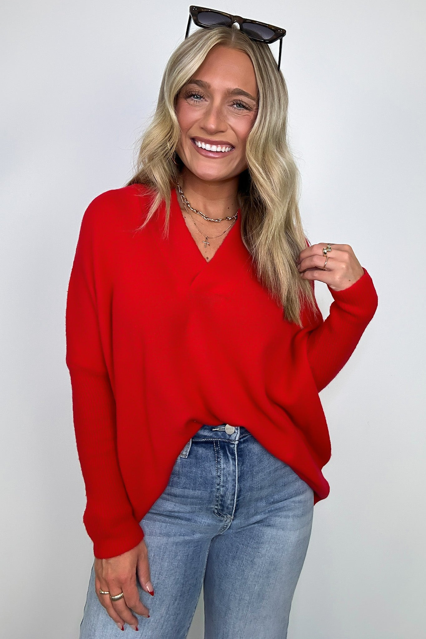 Red / S Cayden Oversized V-Neck Sweater - FINAL SALE - Madison and Mallory