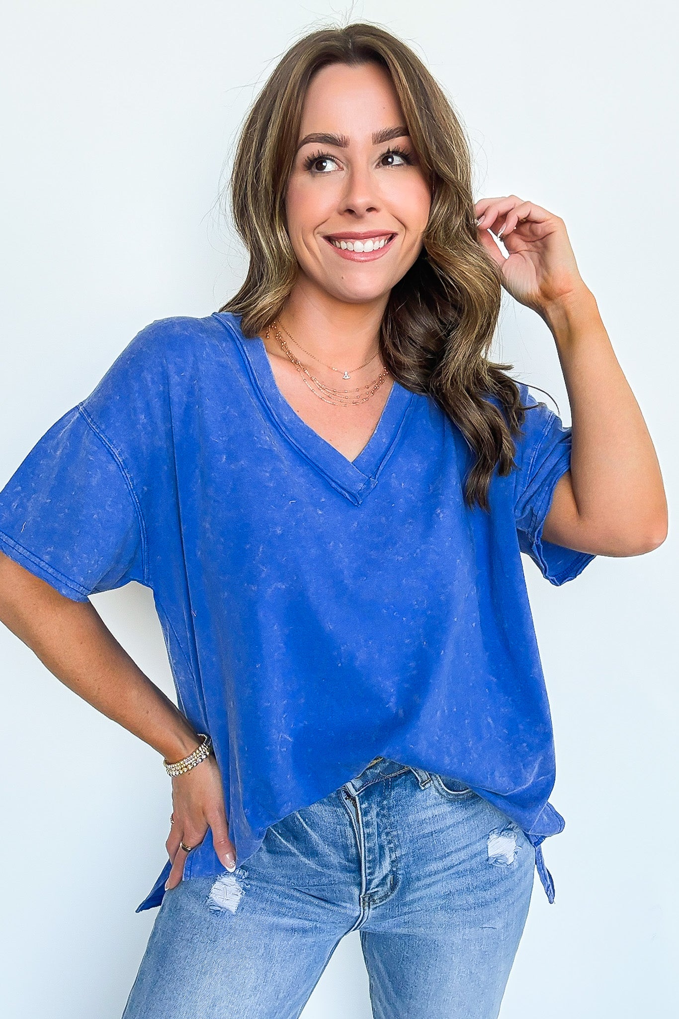 Blue / S Cecily V-Neck Short Sleeve Top - Madison and Mallory