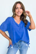 Blue / S Cecily V-Neck Short Sleeve Top - Madison and Mallory