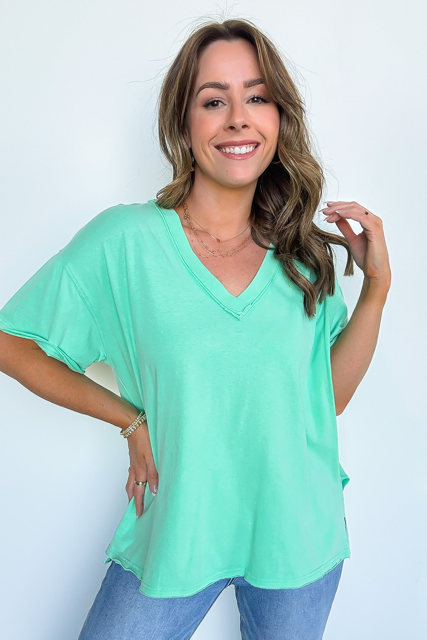 Lime / S Cecily V-Neck Short Sleeve Top - Madison and Mallory
