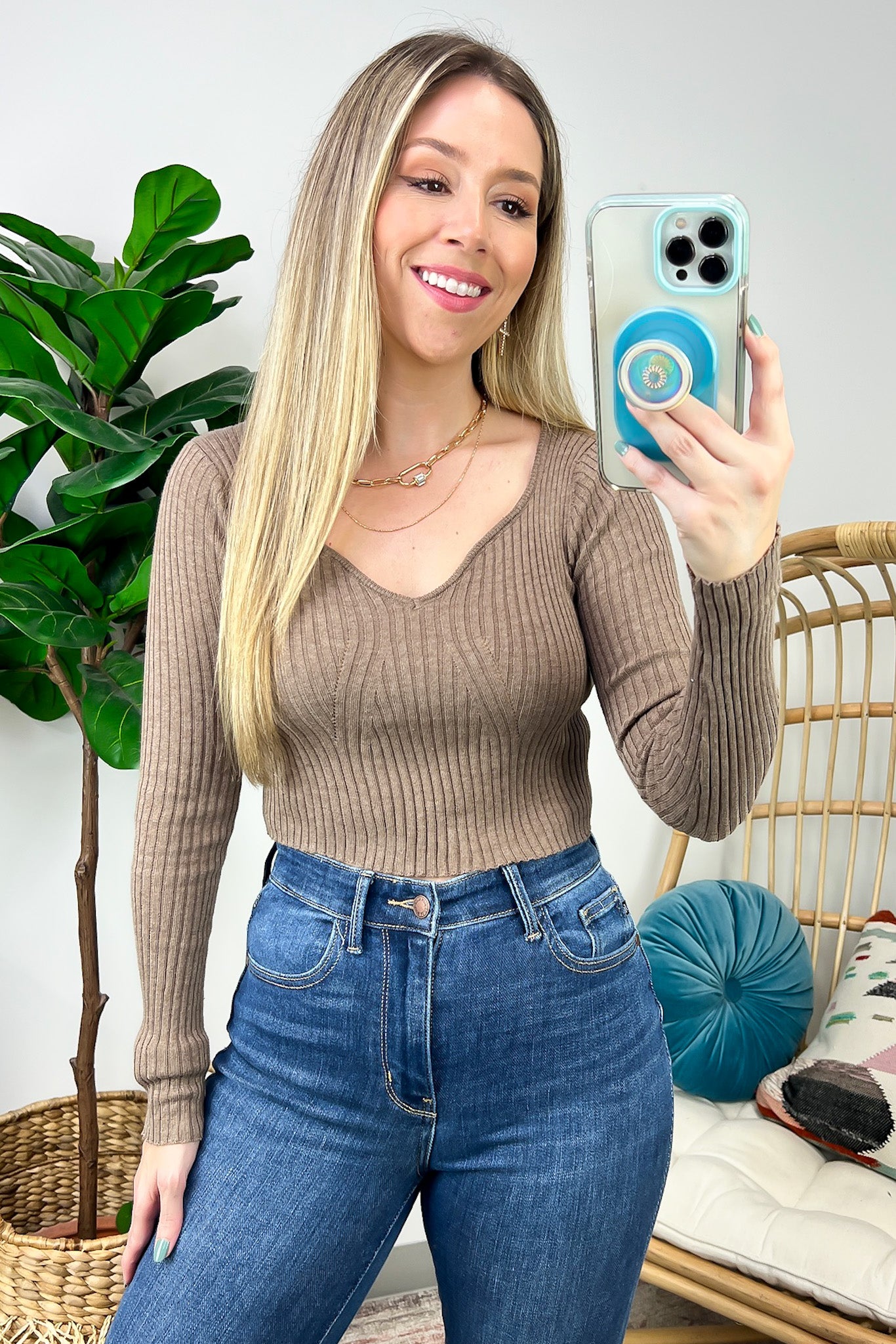  Celiah Rib Knit V-Neck Crop Top - Madison and Mallory