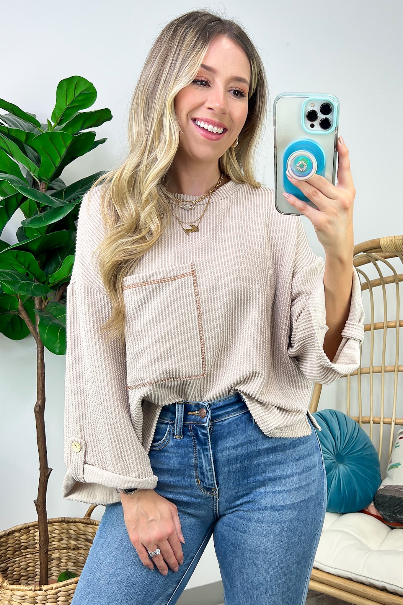 Taupe / S Celiana Ribbed Knit Pocket Top - FINAL SALE - Madison and Mallory