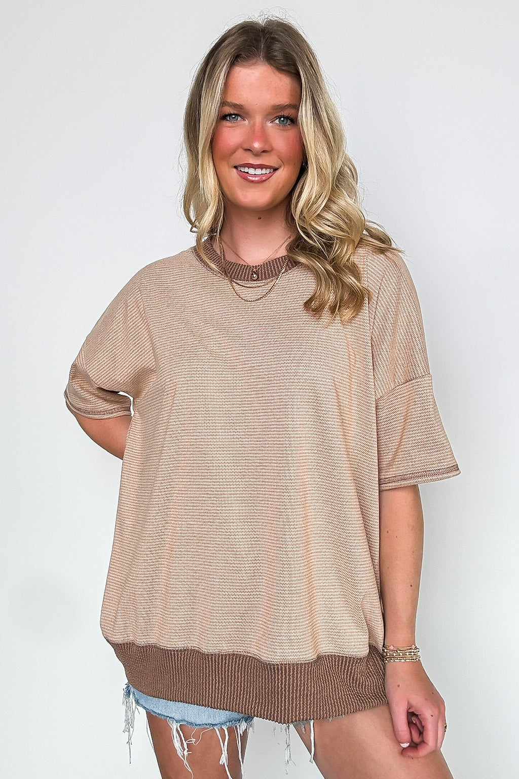 Tan / SM Cerise Striped Relaxed Fit Top - Madison and Mallory
