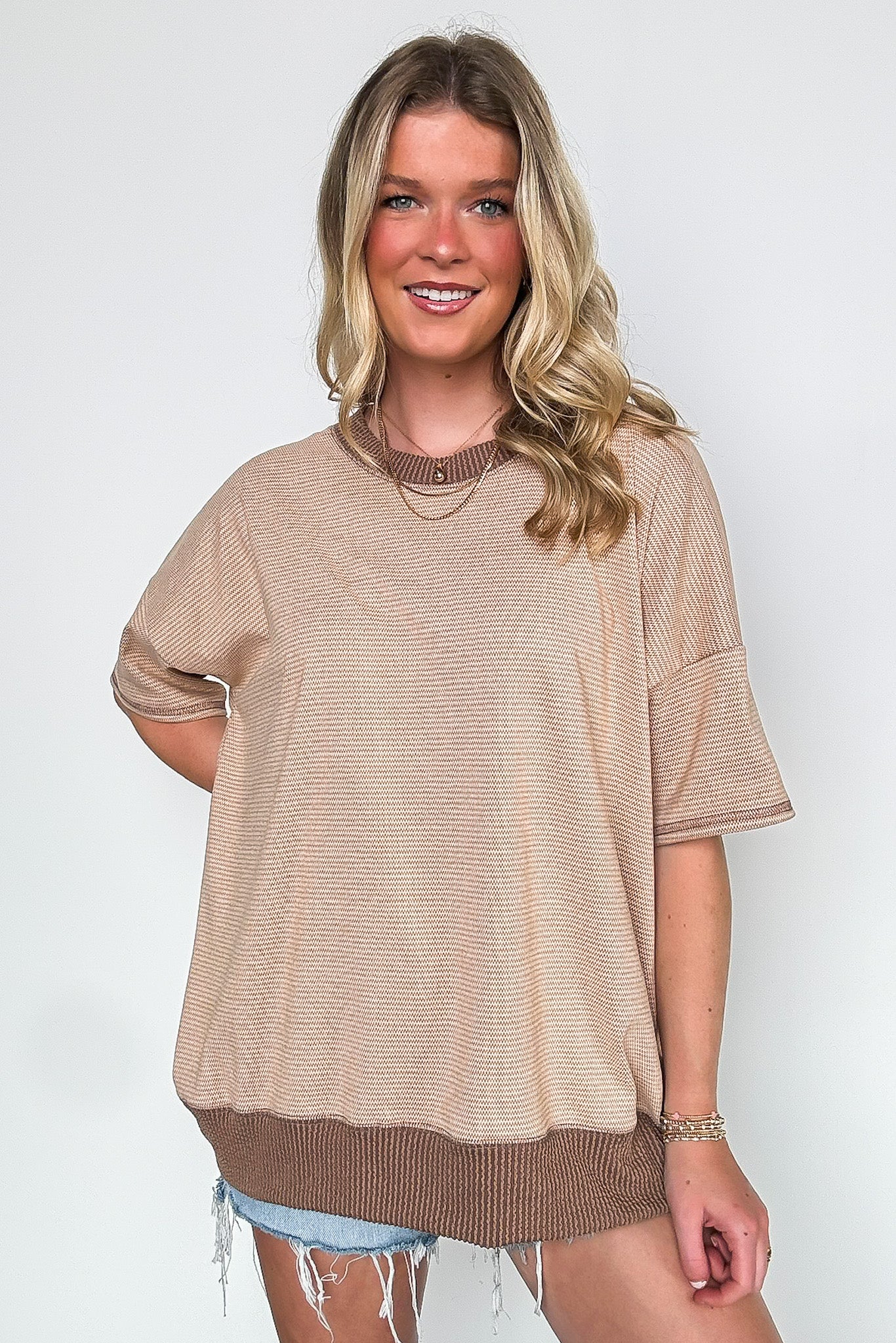 Tan / SM Cerise Striped Relaxed Fit Top - BACK IN STOCK - Madison and Mallory