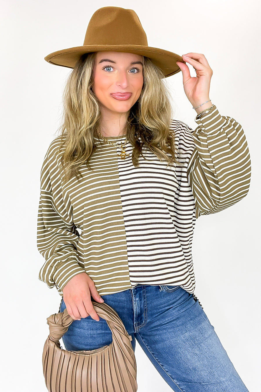 S / Taupe Chai and Chill Stripe Knit Drop Shoulder Top - Madison and Mallory