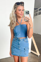 Chantelle Contrast Denim Halter Top - FINAL SALE - Madison and Mallory