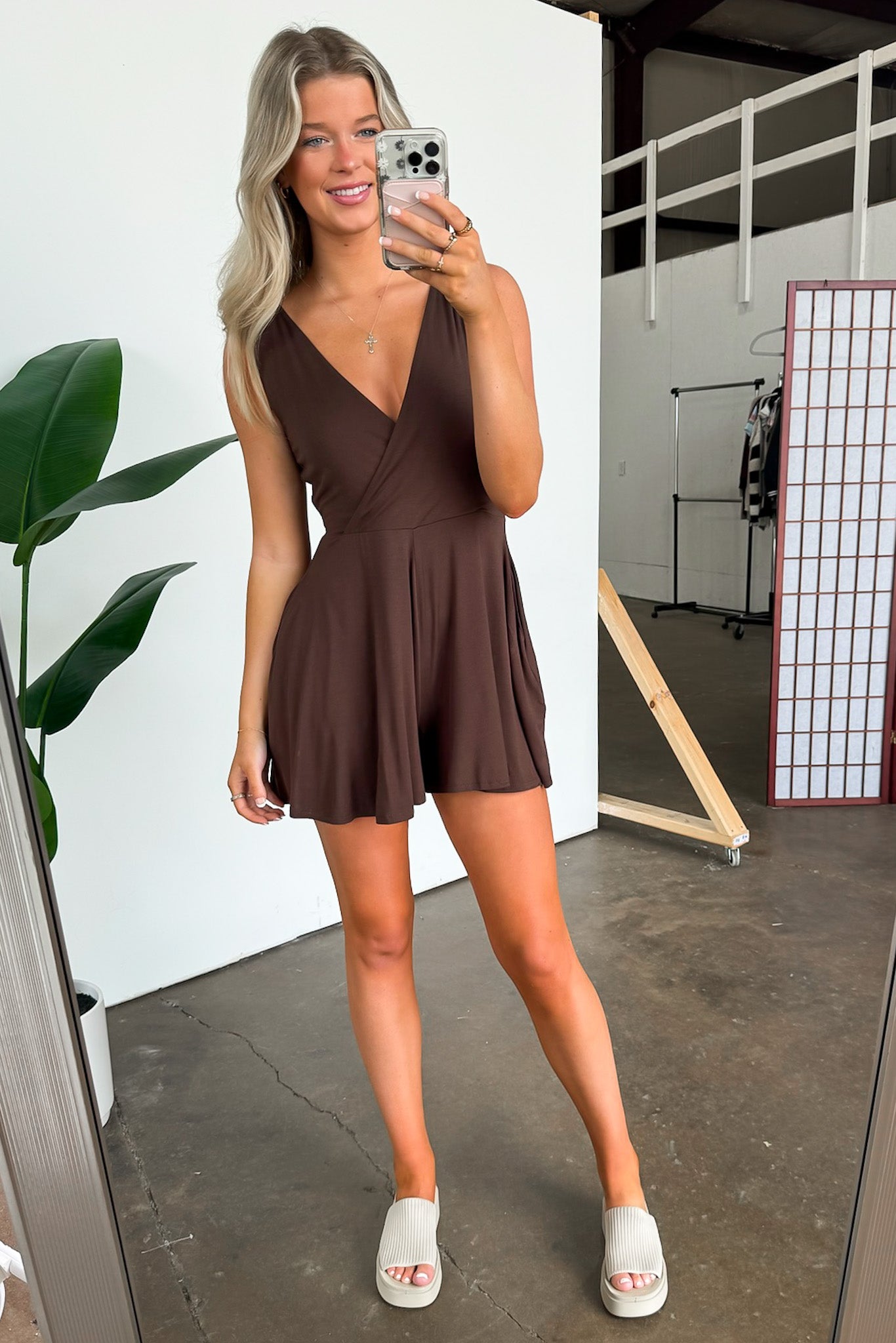 Brown / S Charismatic Entrance Surplice Flowy Romper - BACK IN STOCK - Madison and Mallory