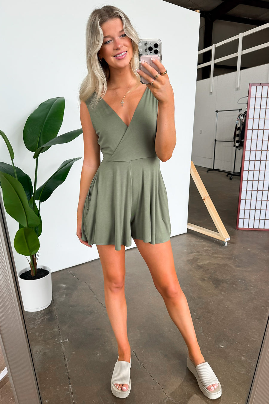 Light Olive / S Charismatic Entrance Surplice Flowy Romper - Madison and Mallory