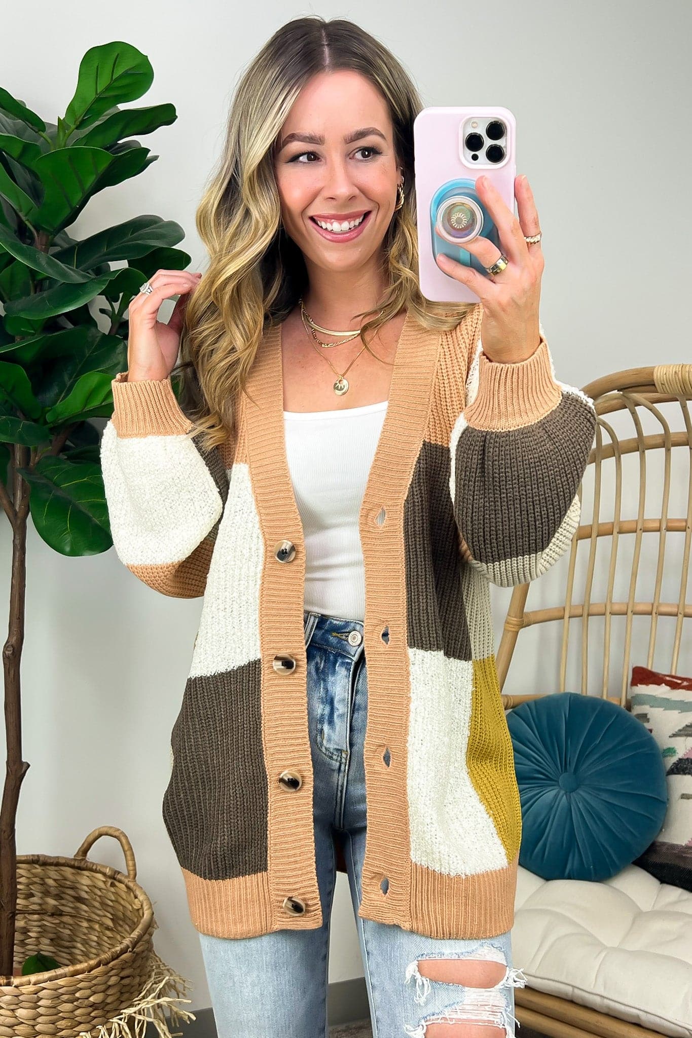 Blush / S Charisse Color Block Button Down Cardigan - Madison and Mallory