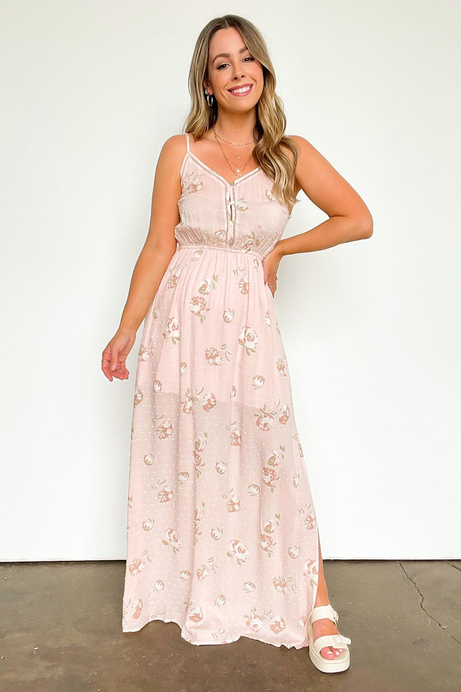  Charming Aesthetic Floral Swiss Dot Maxi Dress - Madison and Mallory