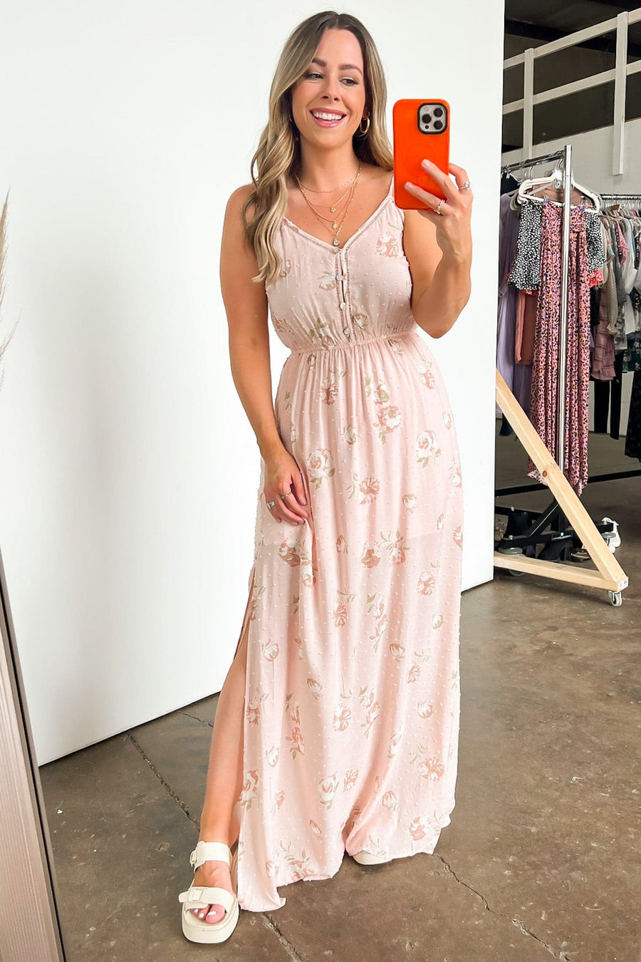 S / Blush Pink Charming Aesthetic Floral Swiss Dot Maxi Dress - Madison and Mallory